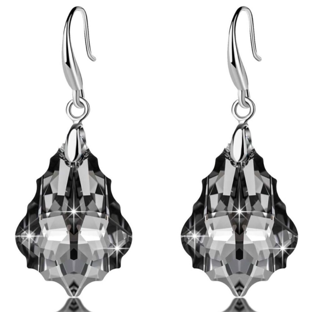 Silver with Charcoal Gray Austrian Crystal Baroque Dangling Drop Hook Earrings